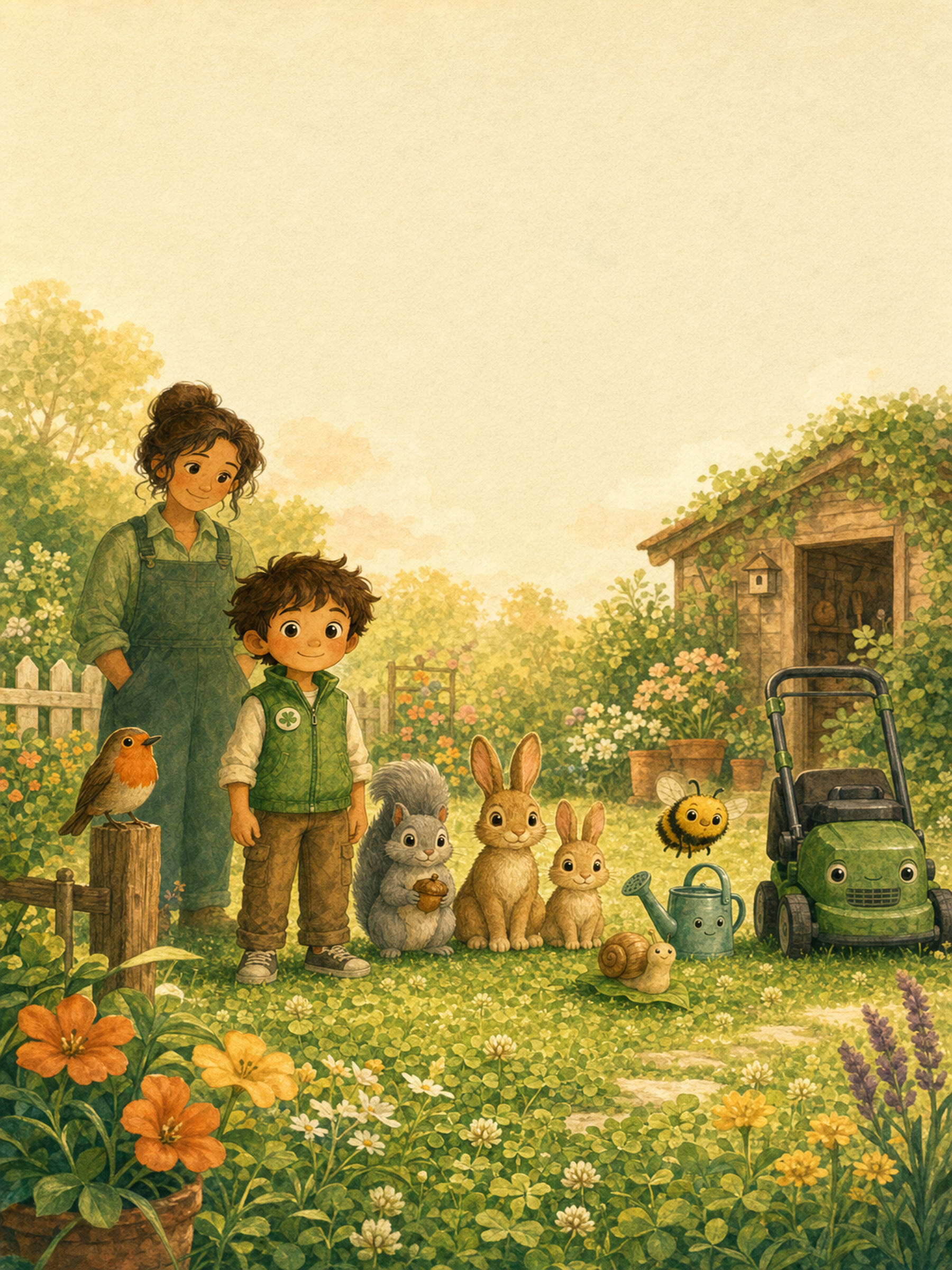 Approved cover art for Find Me in Clover Corner, showing a child and gardener in a lively backyard