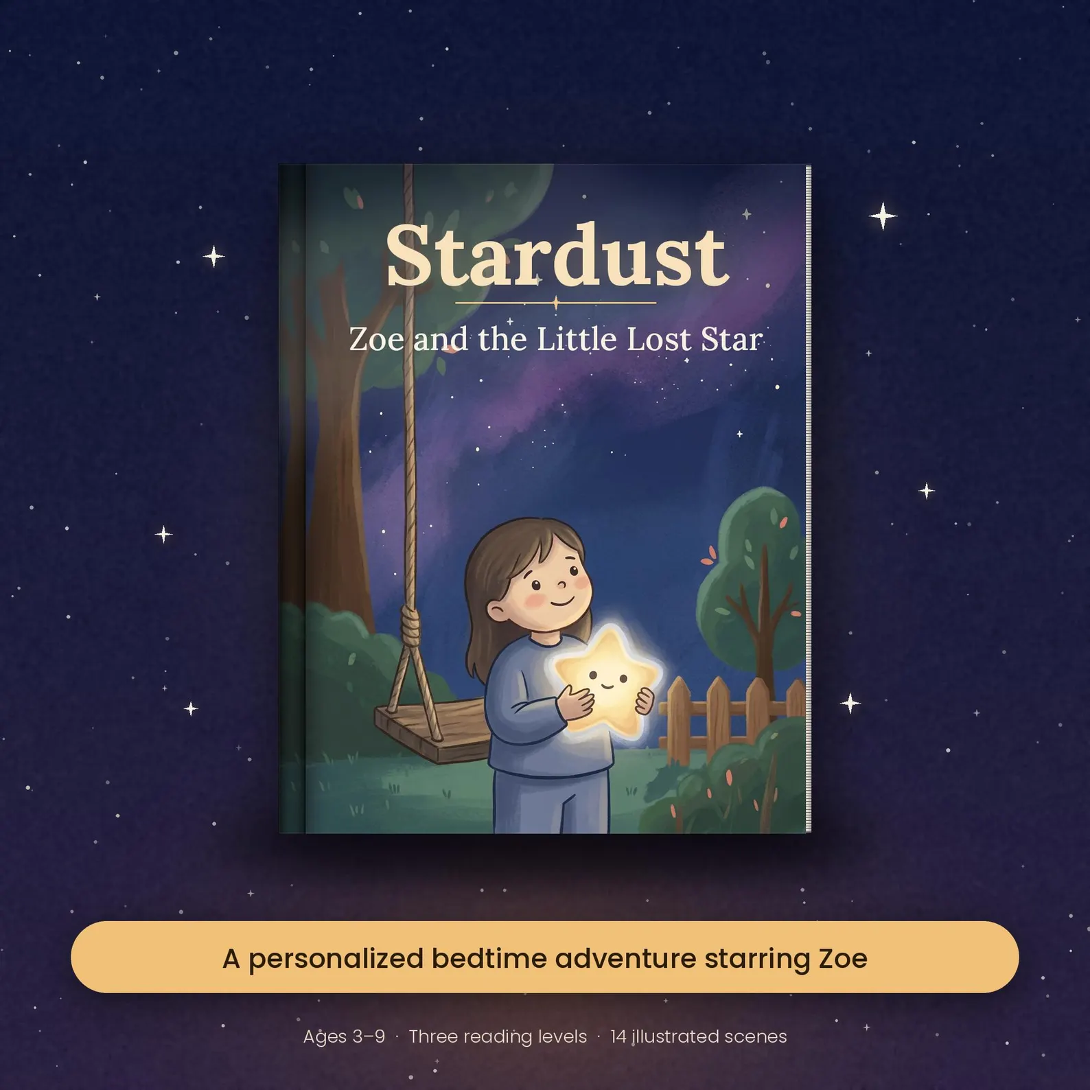 Stardust personalized hardcover with Zoe and the glowing little star Luma